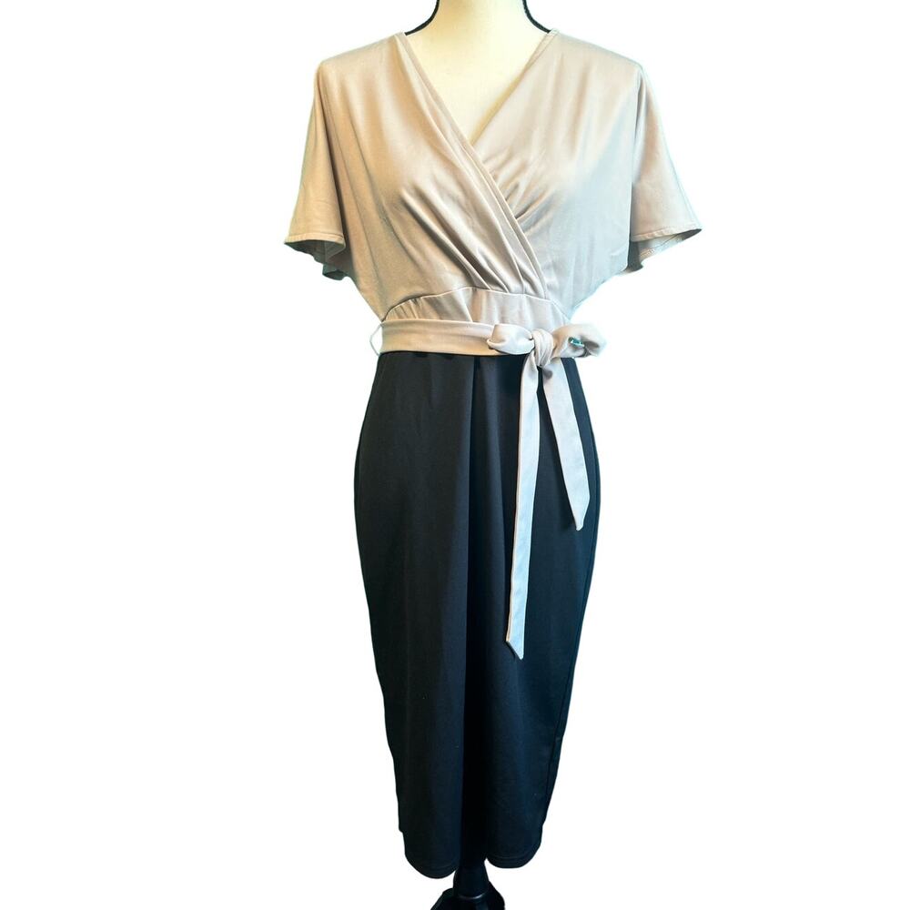 Grace Karin Taupe & Black Short Sleeve Midi Dress Women's Large
